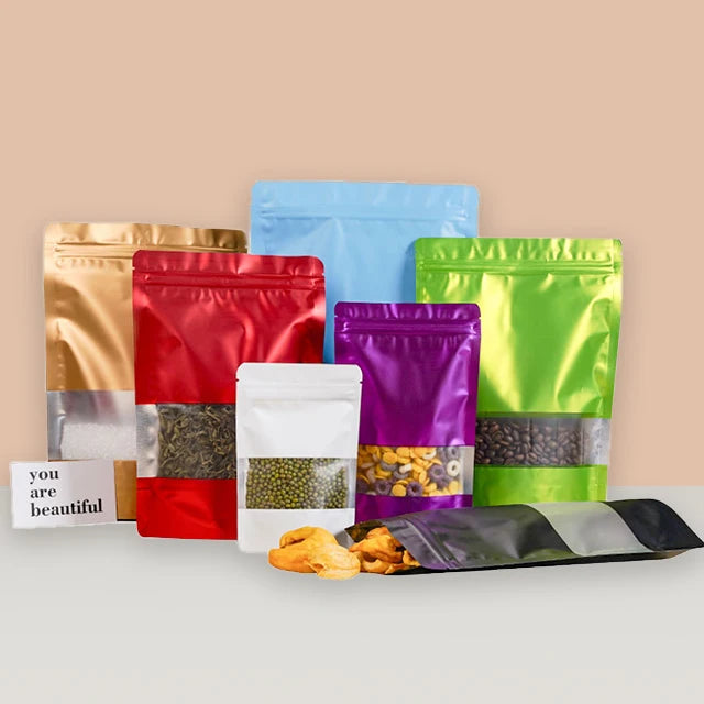 Customized Reusable Ziplock Stand up Pouch Aluminum Foil & Mylar Bags with Window for Nuts & Baby Food Colorful & Smell Proof