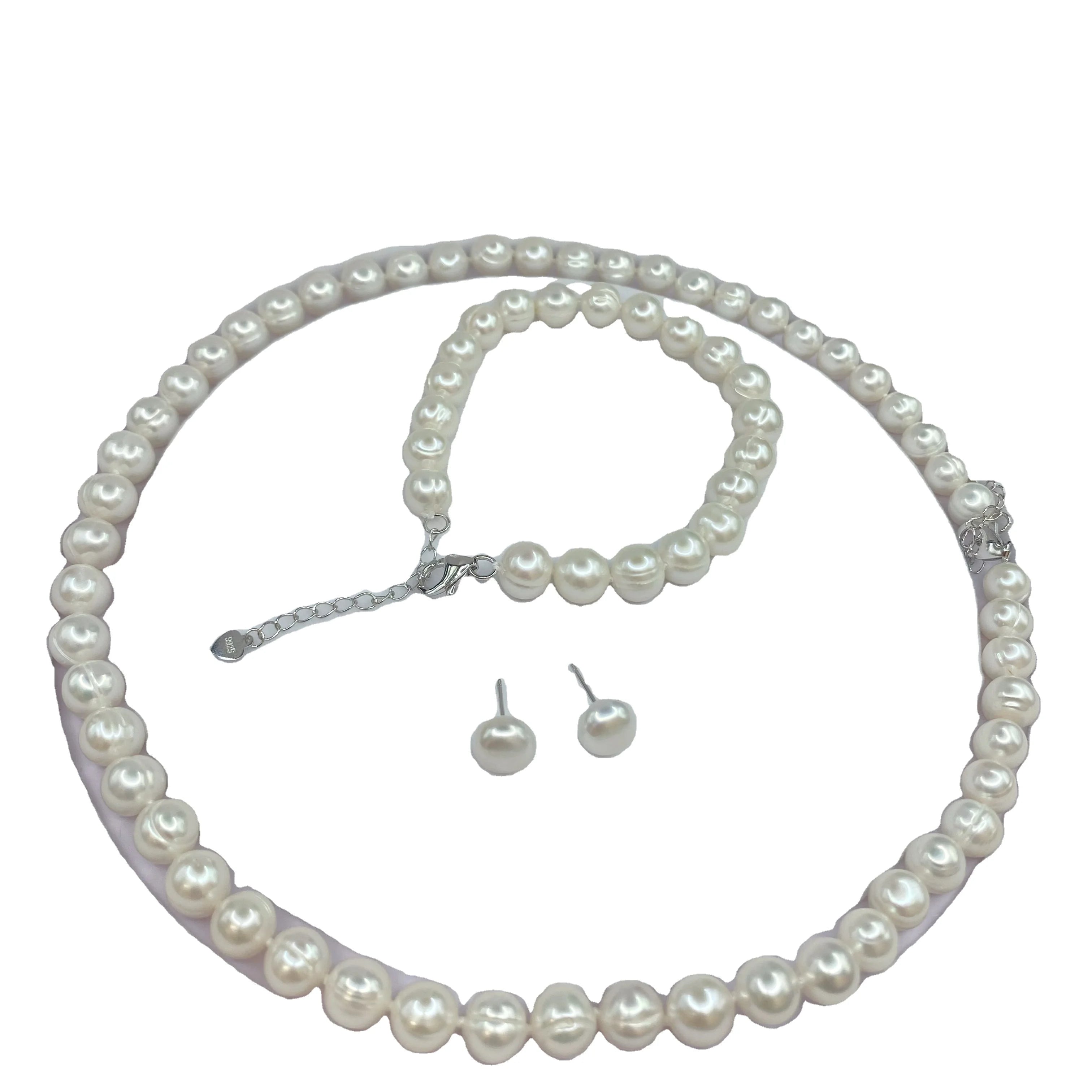 Hot Sale Pearl Necklace S925 Silver 2A Potato Shape Natural Freshwater Pearl Bracelet Set Jewelry