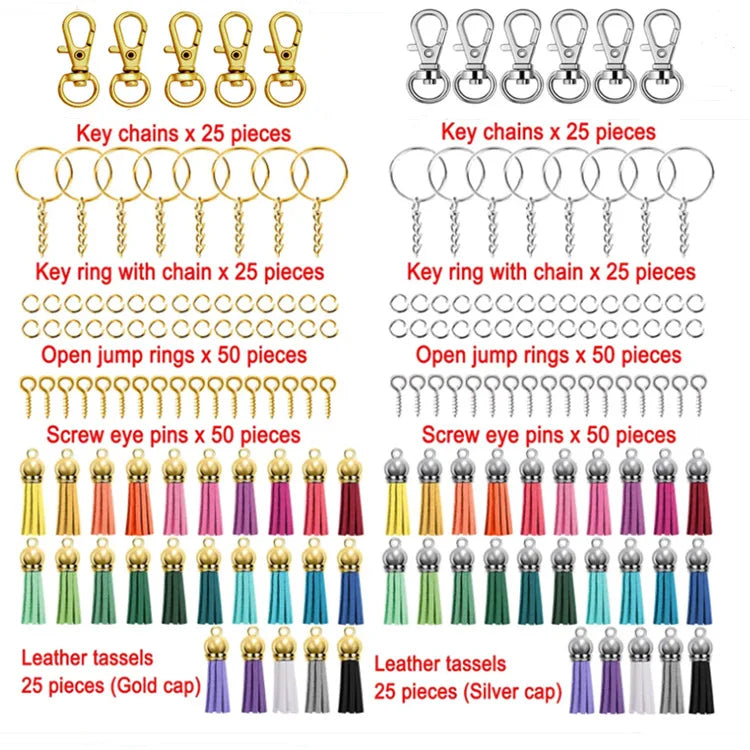 Jewelry Metal Crafts Gold Rhodium Key Buckles Tassel Key Chain 350pcs Key Ring Kit with Screw Pins and Jump Rings