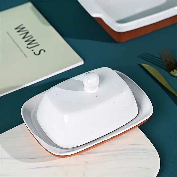 Terracotta White Shiny Glaze Butter Plate Rectangle Ceramic Stoneware Dish with Lid for Home Use Custom Logo Restaurant Pack