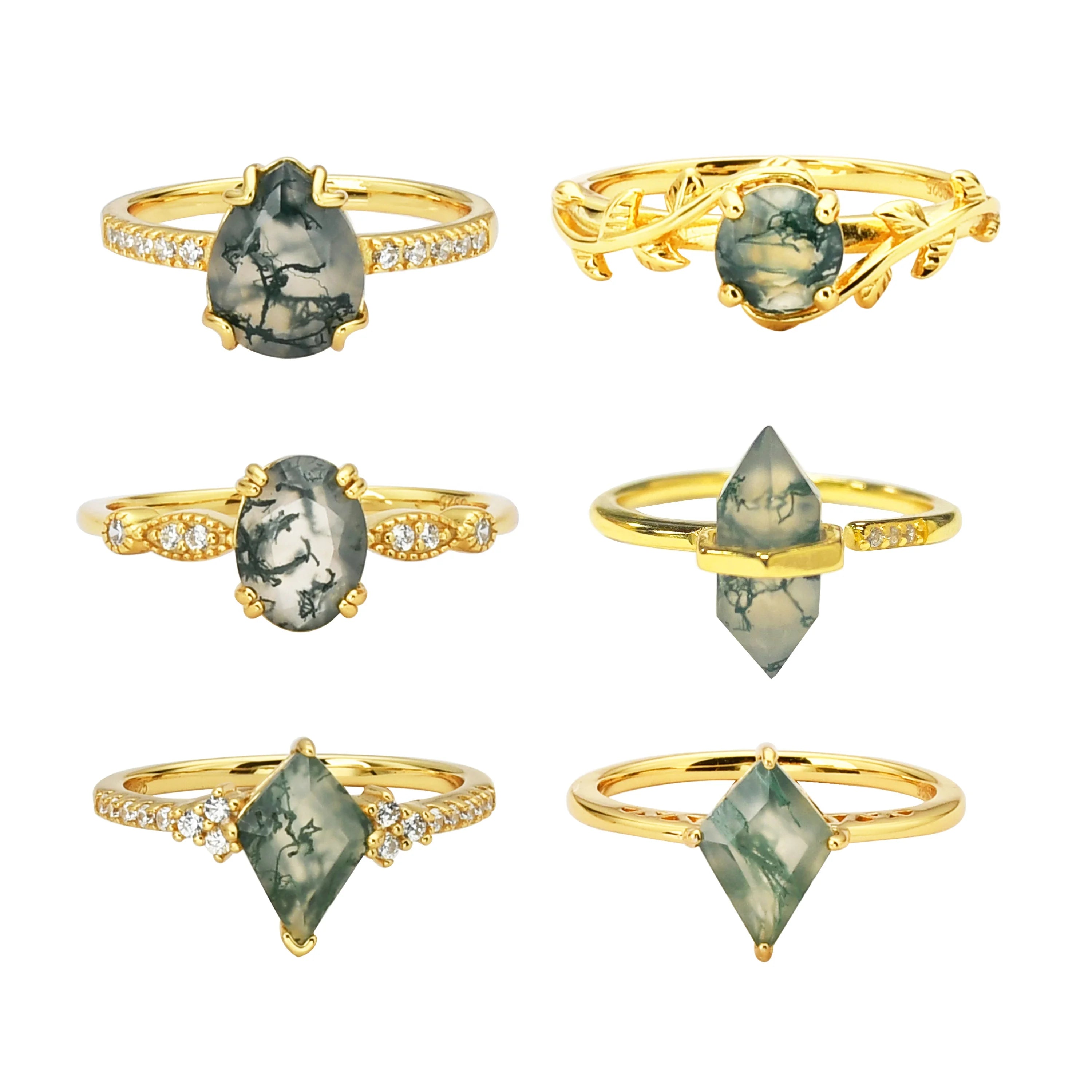 Luxury Fine Jewelry 925 Sterling Silver Bridal Engagement Wedding Ring Women Moss Agate Ring