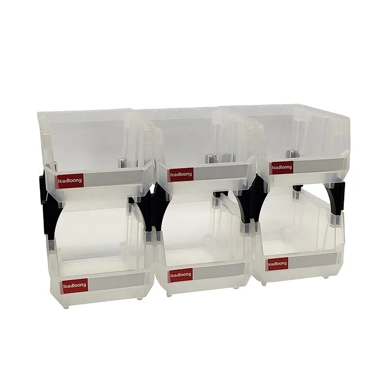LEADLOONG V1 Transparent Stackable Bin 6pcs 13.5x10.5x7.6cm/5x4x3in Plastic Storage Box for Small Parts Hanging Bin Containers