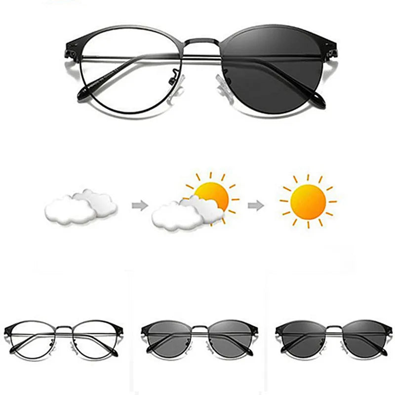 Custom Logo Fashion Anti Blue Rays Sun Glasses UV400 Driving Eyewear Metal Round Photochromic Glasses Men Women