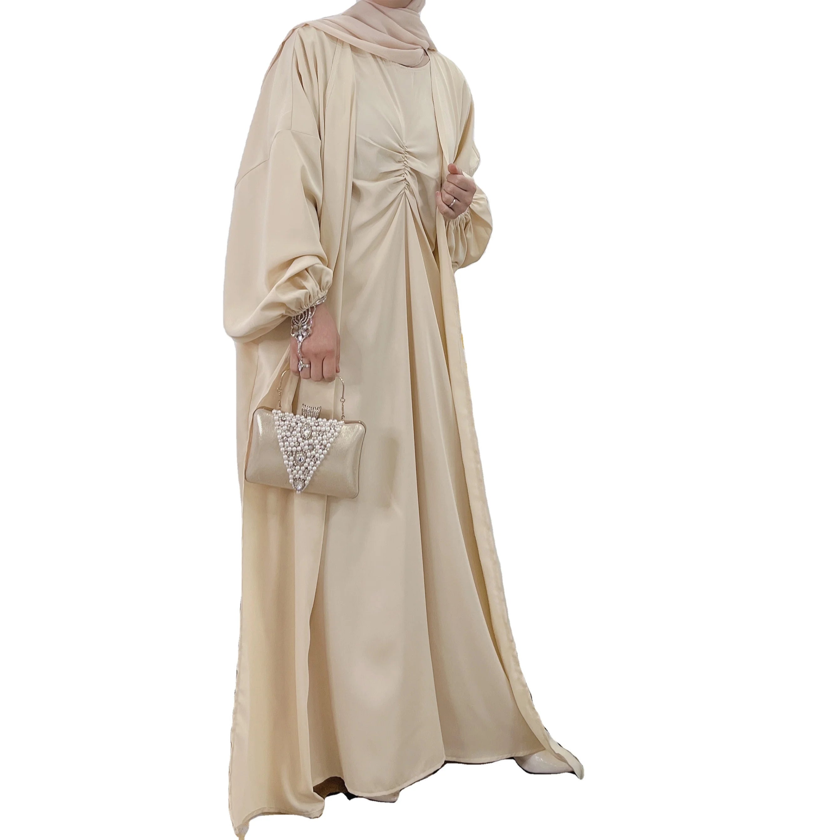 New Modest Style Ethnic Open Abaya Dress for Women 2-Piece Set Long Kimono Inner Dress Natural Waistline Islamic Clothing Robe