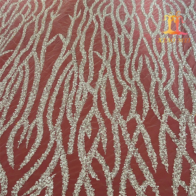 High Quality 100% Polyester Eco-Friendly Mesh Luxury Pearl White Wedding Fancy Sequins Embroidered Lace Fabric XM-BF0571