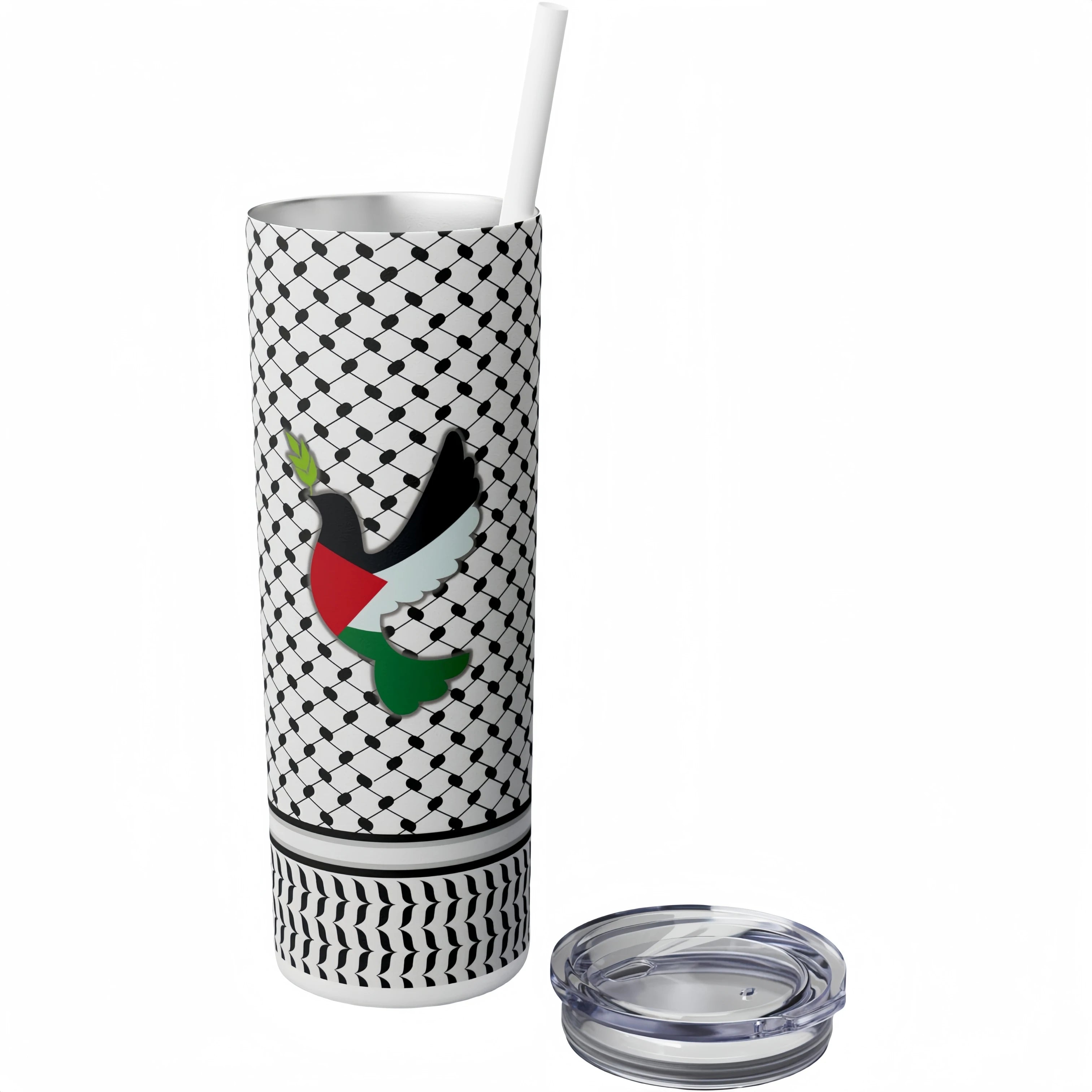 Custom Palestine Keffiyeh Stainless Steel Cup With Straw Keffiyeh Design Tumbler 20oz