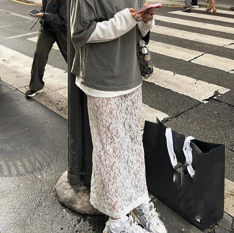 Enyami Ladies Hollow Out Knitted High Waist Elegant Midi White Lace Elegant See Through Long Skirt Women Skirts