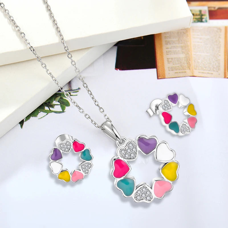 Wholesale 925 Sterling Silver Women Children Enamel Pendant Earring Sets Zircon Rhodium Plated Heart Flower Silver Jewellery