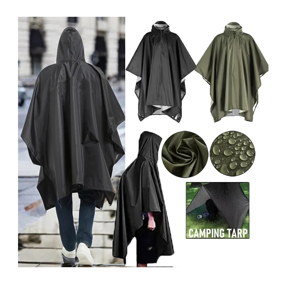 Portable 3-in-1 Waterproof Thin Polyester Poncho Hooded Sleeve Raincoat All Seasons Outdoor Camping Bicycle Riding Tent Cover