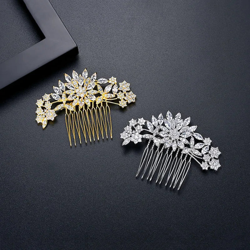 SLBRIDAL Top Quality Prong Setting Clear Cubic Zircon Bridal Hair Comb Wedding CZ Headpiece Hair Accessories Women Hair Jewelry