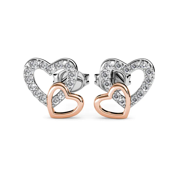 Double Heart Stud Earrings Embellished with Swarovski Crystals Interlocking Love Heart-shaped Rose Gold Yellow Gold Daisini