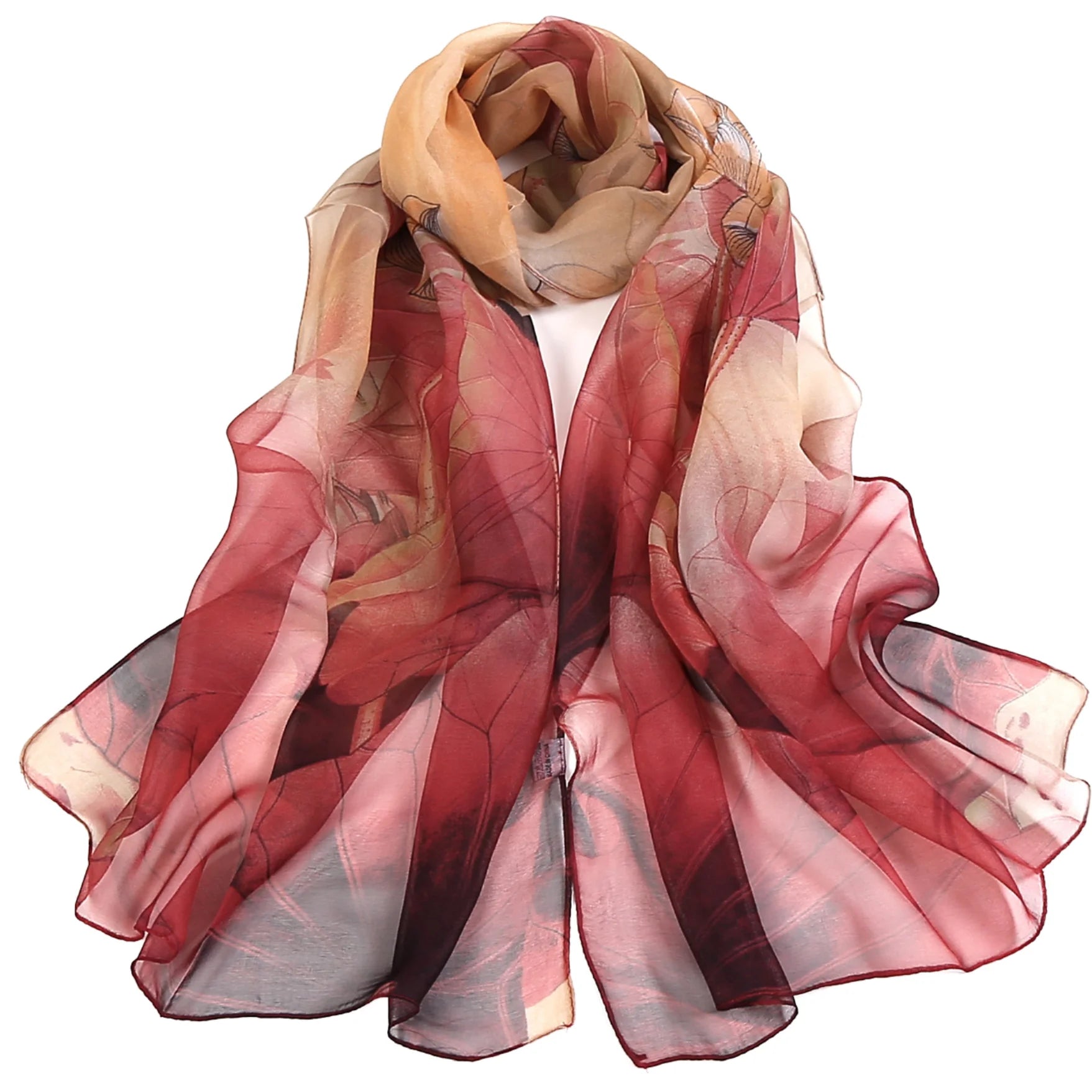Vintage Summer Fashion Women's Lightweight Floral Printed Thin Chiffon Scarf Shawl Polyester Leaf Silk Scarf for Ladies