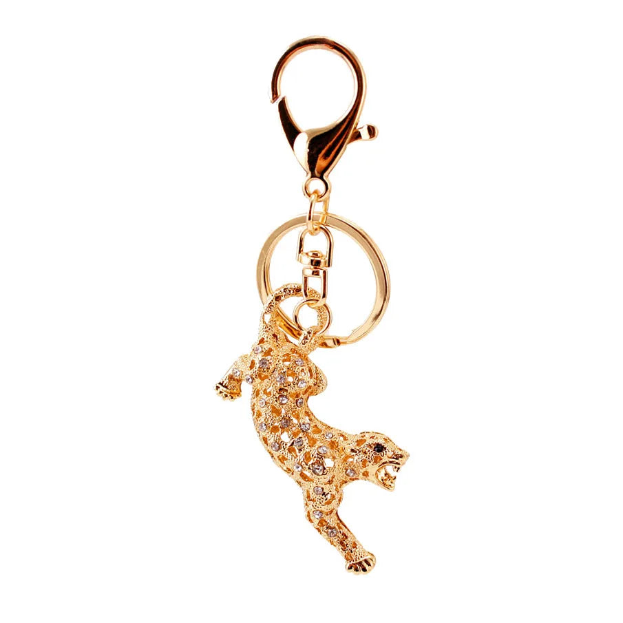 Fashion Zinc Alloy Gold Plated Animal Leopard Key Ring Rhinestone Crystal Leopard Keychain Bag Accessory