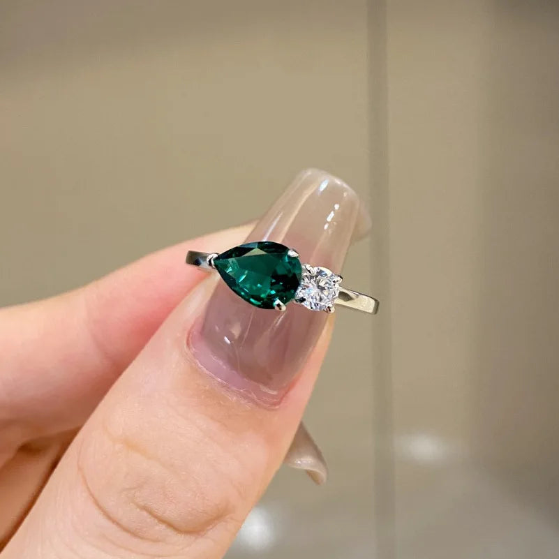 Versatile Delicate Green Water Drop Zircon Diamond Ring Anxiety Ring 925 Sterling Silver Emerald Ring MegaBDM