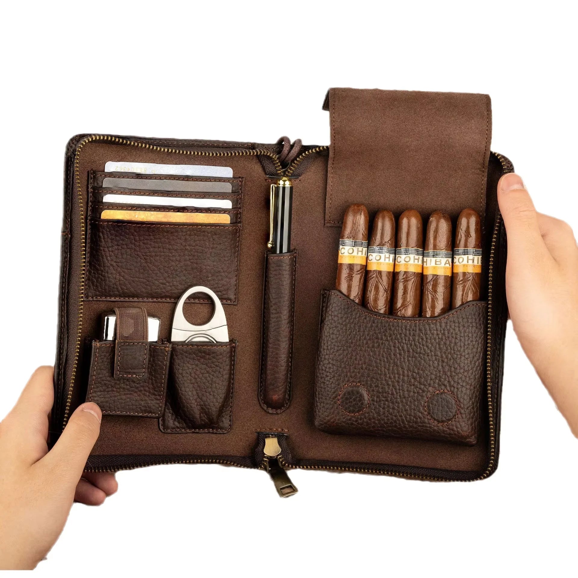 Classic Luxury Design Portable Travel Zipper Storage Bag Humidor Features Genuine Leather Cigar Tube Holder Waterproof Box