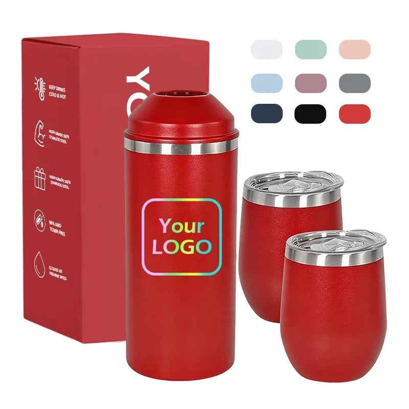 Custom Creative Insulated Stainless Steel 25oz Wine Chiller Set 2x12oz Tumblers 12-24hr Thermal Insulation BPA-Free Lid Gift Box