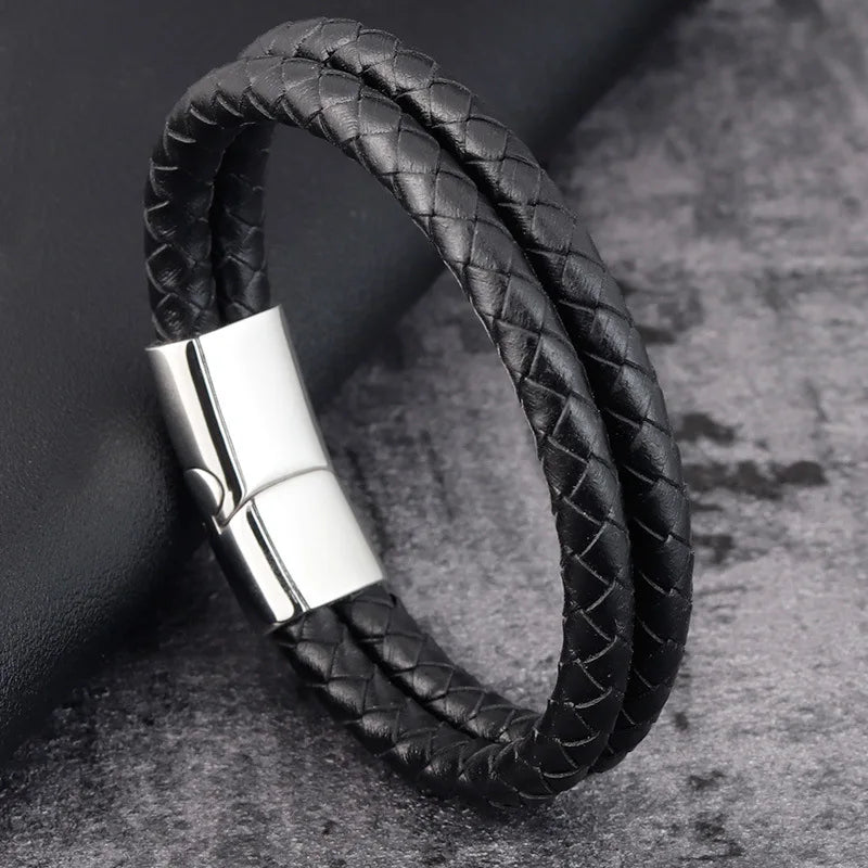 Fashion Multi-Layer Braided Genuine Leather Bracelet Men's Double Layer Cow Leather Bracelet Stainless Steel Magnetic Clasp