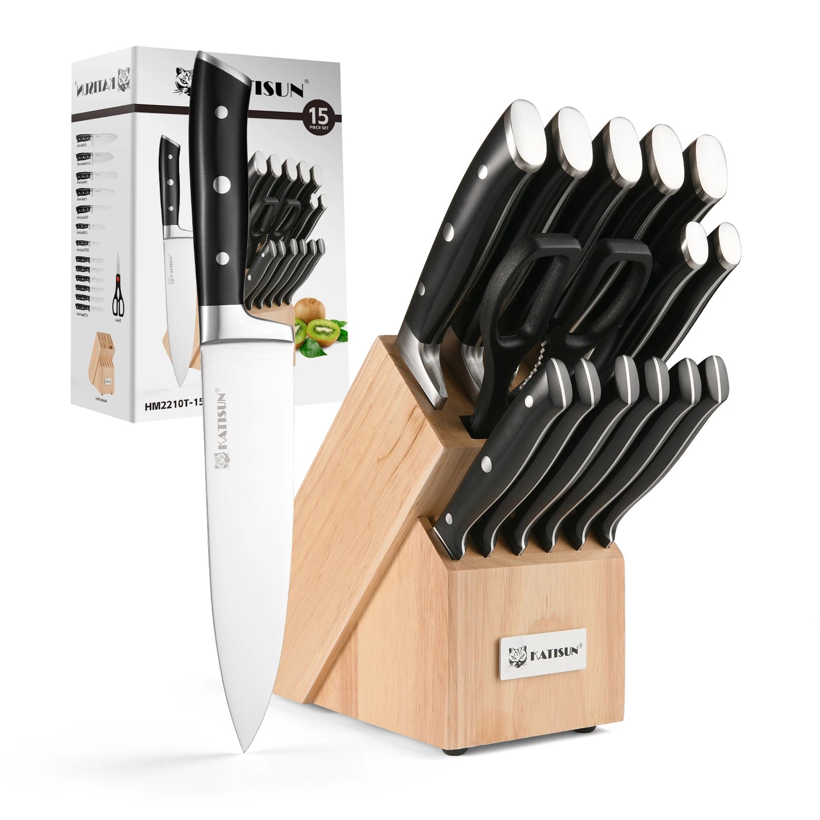 15 Pieces Stainless Steel Kitchen Knife Set with Real Wooden Stand Inner Sharpener and Kitchen Scissors