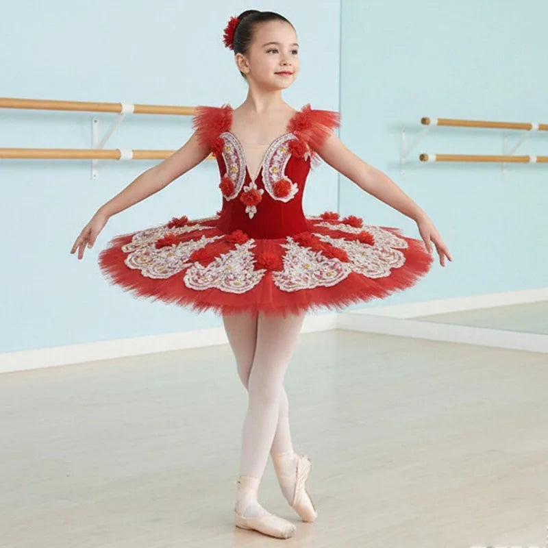Red Girls Adult Sequined Leotard Ballet Dress Pancake Tutu Ballerina Costume Lyrical Dance Costume Swan Ballet Dancer Dress Wear