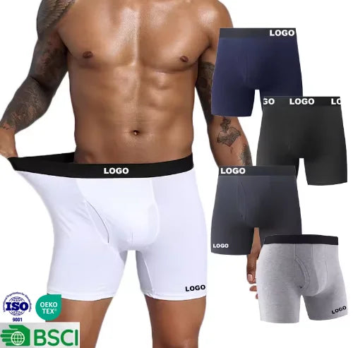 Custom Logo 95% Cotton Comfortable Breathable Men's Long Leg Underwear Boxer Briefs