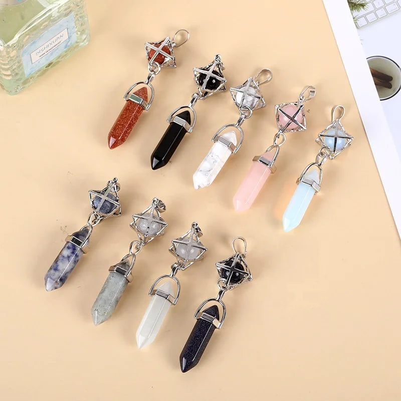 Natural Healing Gemstone Crystal Hexagonal Column Merkaba Hexagram Star Necklace Hollow Out Alloy Jewelry Pendant