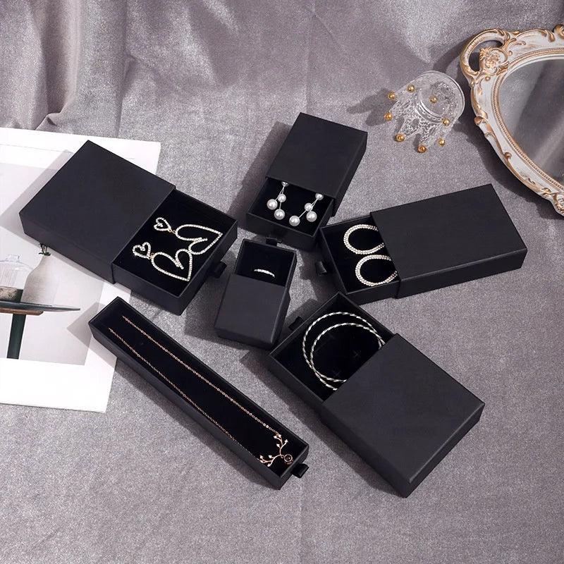 Luxury Modern Rectangle Unique Black Drawer Box Custom Silver Foil Logo Bracelet Necklace Jewelry Packaging Boxes