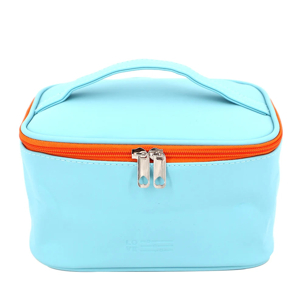 Large Capacity Solid Color Frosted Pu Waterproof Portable Cosmetic Organizer Box Beauty Toiletry Case With Handle Embossed Logo
