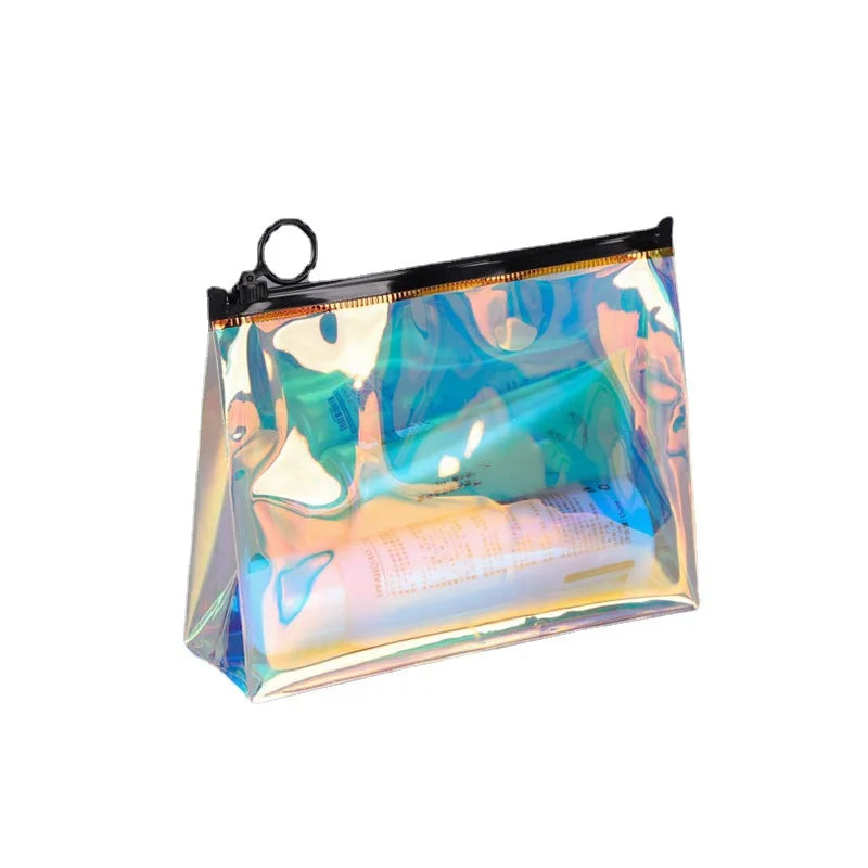 Custom Logo Transparent PVC Bag Holographic Laser Plastic Zipper Bag Holographic Make up Bag With Metal Zipper