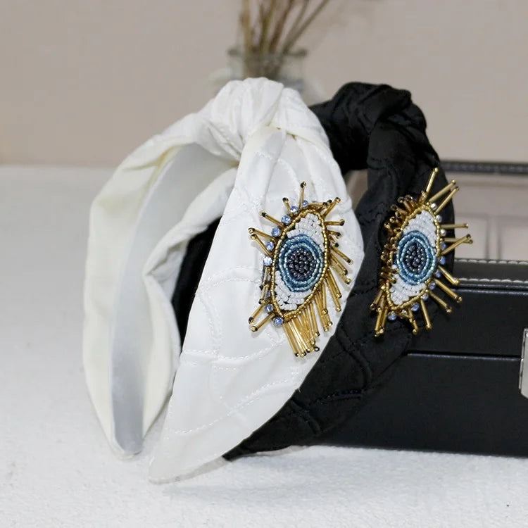 New Hair Ornament Personality Beaded Evil Eye Headband Fashion Middle Knotted Fabric Headband for Women