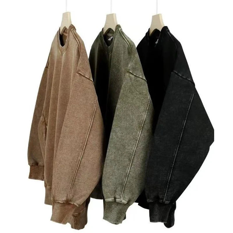 2024 Autumn American Vintage Fashion Men's Loose Wool Suit with Crew-neck Hoodie 100% Cotton Washed Old Style