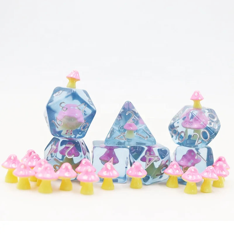 Polyhedral Rpg Dice Set Dnd Custom Pink Mushroom Resin Dice 7pcs