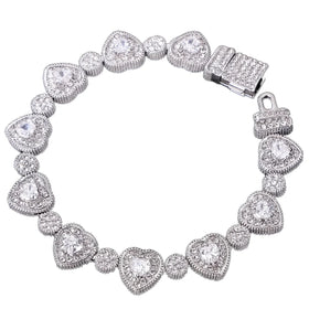 12mm Full Diamond Iced Out Silver Heart Bracelet High Quality Women's Classic Hip Hop Bling Jewelry for Anniversaries
