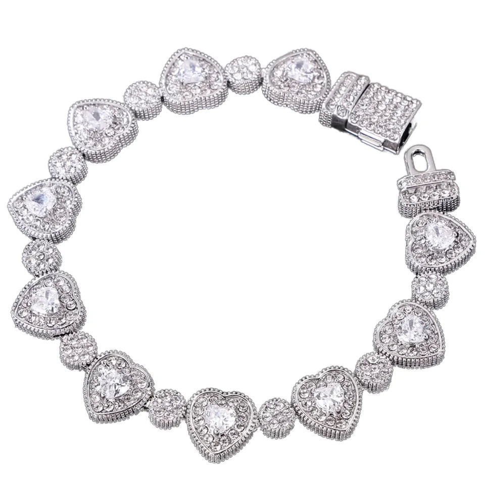 12mm Full Diamond Iced Out Silver Heart Bracelet High Quality Women's Classic Hip Hop Bling Jewelry for Anniversaries
