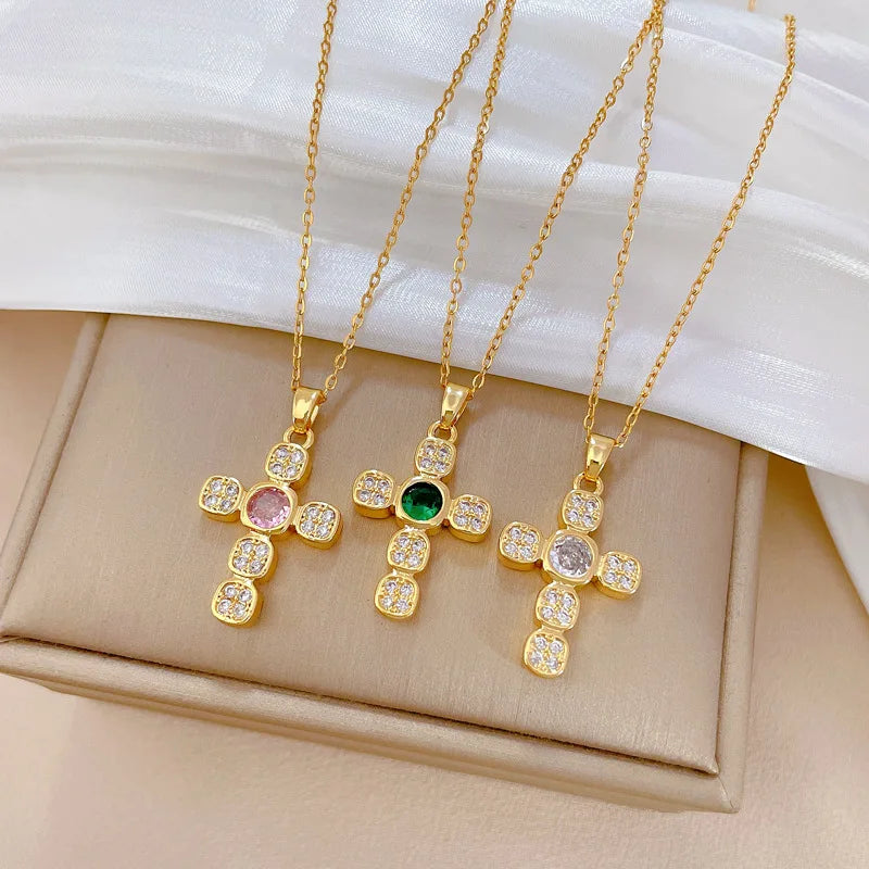 Titanium Steel Full Diamond Cross Crystal Light Luxury Necklace Charm for Women Wedding Engagement Stainless Steel Jewelry
