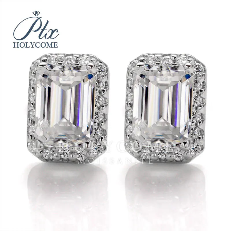 Emerald Shape Halo Design 0.5ct/1ct DEF Blue Green Black Champagne Color Stud 925 Sterling Silver Moissanite Earring