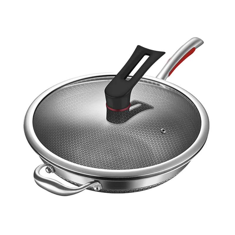 32cm 304 Triply Non Stick Stainless Steel Cookware Kitchen Honeycomb Wok Induction Cooking Fry Wok Pan with Glass Lids