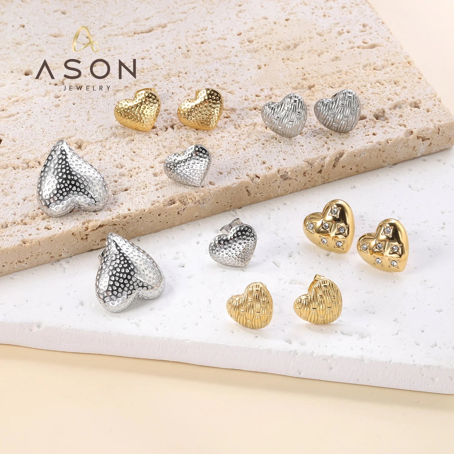 Ason Fashion 18k Gold Plated Stainless Steel Jewelry Diamond Gift Woven Hammer Heart Shape Stud Earrings for Women