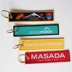 Custom Design Blank logo Flight Woven Jet Tag Fabric Key Chain Anime Embroidered Keychain