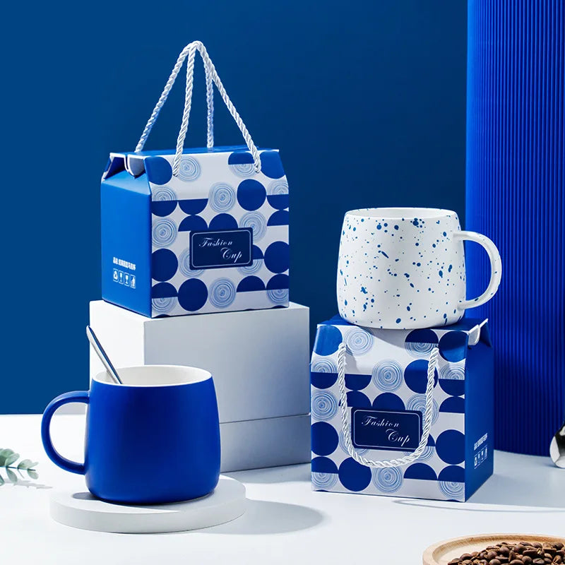 Klein Blue Ceramic Coffee Mug with Spoon Nordic White Splash Speckled Tea Cup