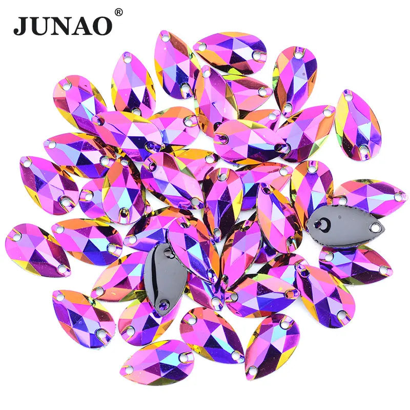 17*28mm Top Quality Large Sewing Resin Strass Applique Rose Purple AB Crystals Stones Flatback Sew on Drop Rhinestone for Dress