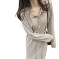 Premium Autumn Winter Women's Midi Dresses Custom Logo Knee Length Loose Bottom Knit Gentle Style Casual Button Solid Natural