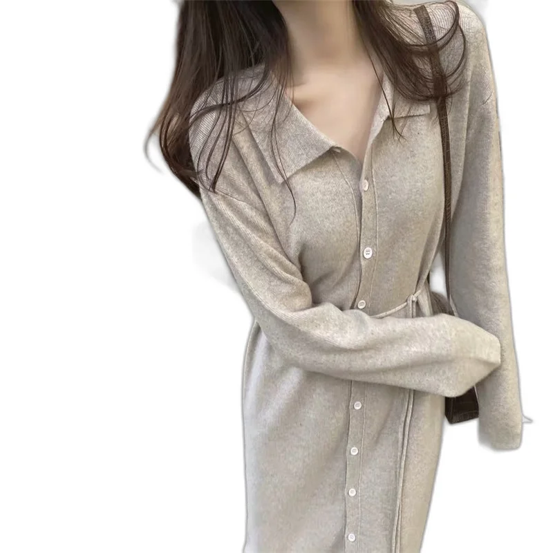 Premium Autumn Winter Women's Midi Dresses Custom Logo Knee Length Loose Bottom Knit Gentle Style Casual Button Solid Natural