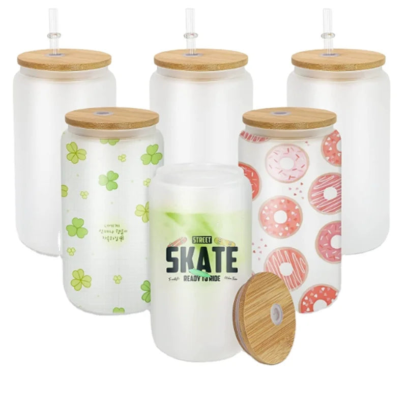 Sublimation Cups Blank Frosted Glass Sublimation Tumbler 16oz White Shimmer Sublimation Glass Can
