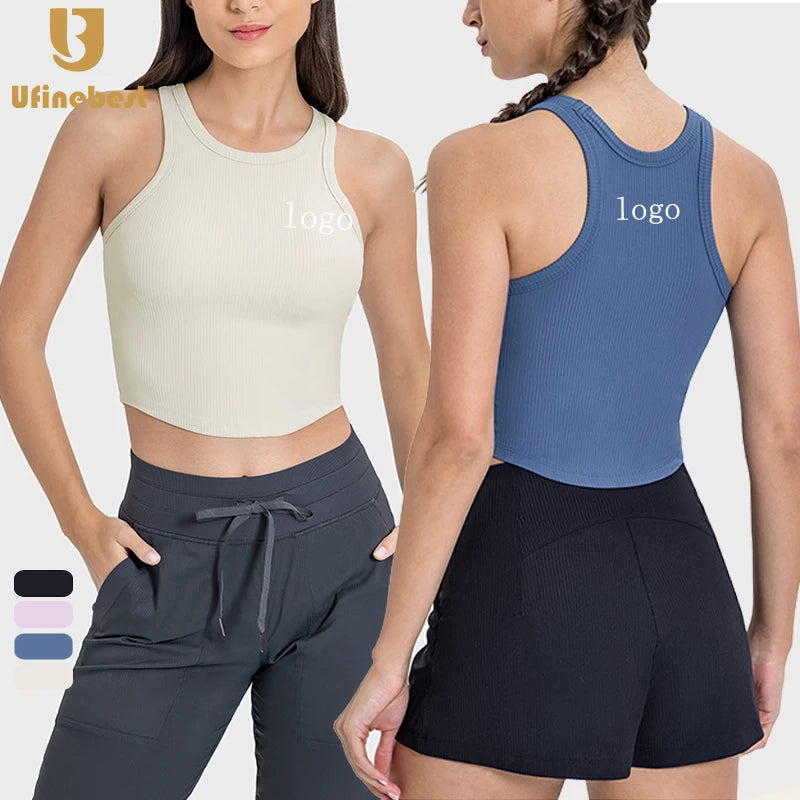 Sleeveless Quick Dry Womens Clothing Cool Fabric Sports Vest Fitness Crop Bra Ribbed Yoga tank Top Women With Fixed Pad