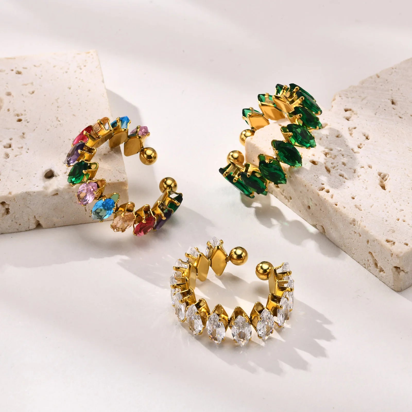 Luxury Shiny Colorful Cubic Zirconia Stainless Steel Ring Waterproof Rainbow Zircon Finger Ring Fashion Gold Plated Jewelry