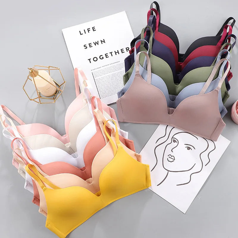 New Women Push up Seamless Bra Picture Wireless V-neck Sleep Bra One-piece Ice Silk Traceless Wirefree Backless Bra