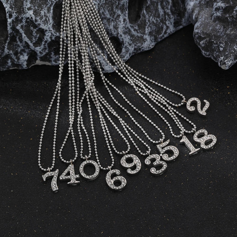 Tarnish Free Gold Plated Arabic Numerals Pendant Stainless Steel Beads Chain Zircon Inlaid Shiny Angel Number Necklace for Women