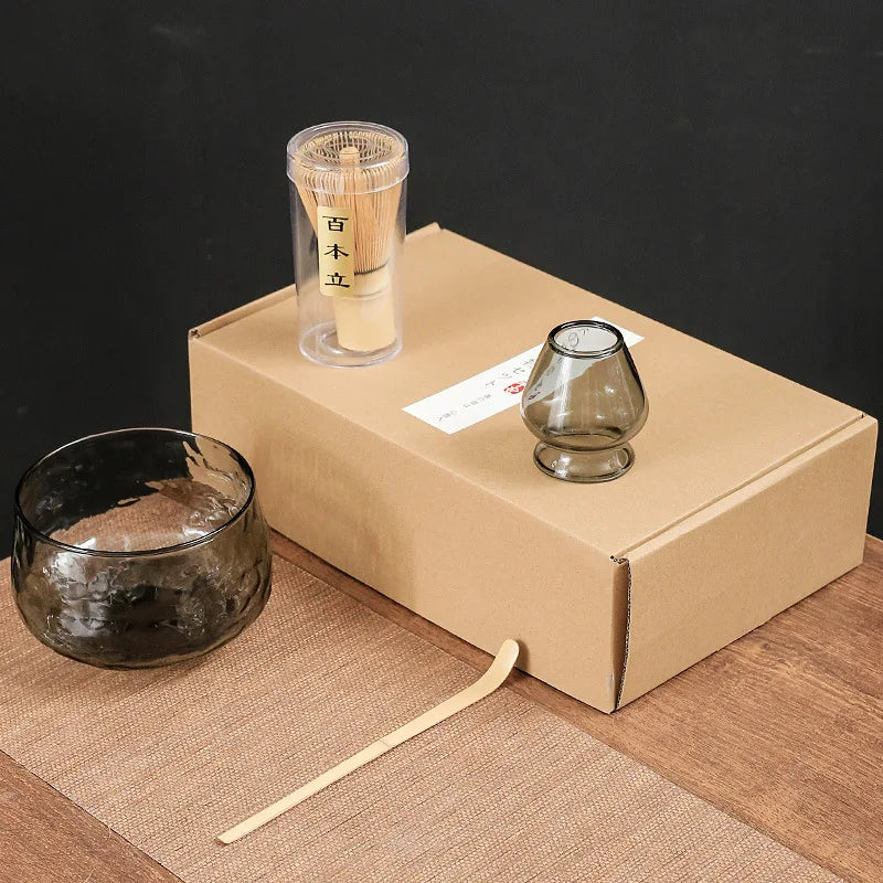 4pcs Japanese Starter Set Ceremony Whisk Scoop Glass Tea Bowl and Whisk Holder Kit Matcha Tea Whisk Set