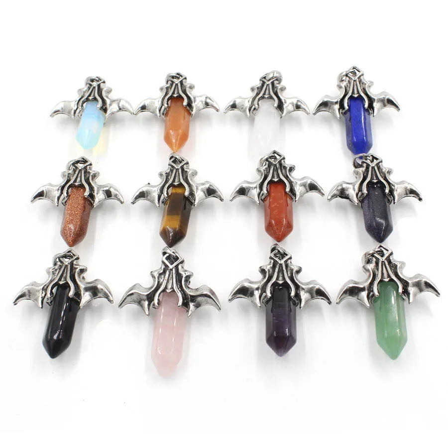 Natural Crystal Amethyst Healing Hexagonal Point Silver Bat Wing Gemstone Pendant for Jewelry Making
