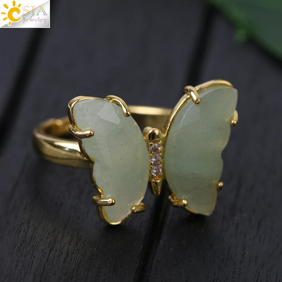 CSJA Wholesale Fashion Jewelry Adjustable Rings Natural Healing Stones Quartz Crystal Gemstone Butterfly Ring for Women H125